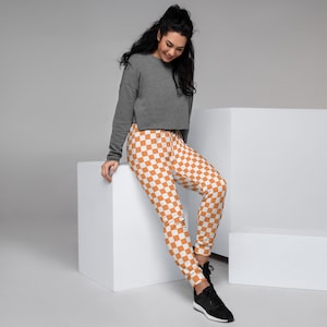 Orange Checkerboard Womens Joggers, Orange Checkered Womens Joggers, checkered joggers, womens sweatpants