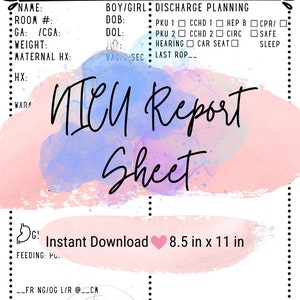 NICU Nurse Report Sheet Neonatal Icu Report Sheet Baby Nurse Brain Sheet Hourly Template 1 Patient Printable PDF