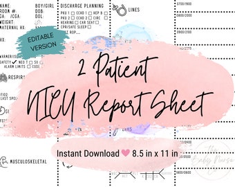 EDITABLE NICU Nurse Report Sheet Neonatal Icu Report Sheet Baby Nurse Brain Nursing Report Sheet Hourly Template 2 Patient Printable PDF
