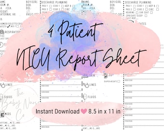 NICU Nurse Report Sheet Neonatal ICU Report Sheet Baby Nurse Brain Sheet Nursing Report Sheet Hourly Template 4 Patient Printable PDF