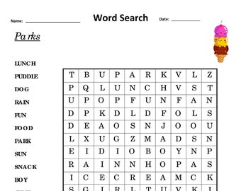 以下が含まれることがあります： 「Word Search」というタイトルと「Parks」という単語が上部に書かれた、印刷可能な単語検索パズルシート。パズルには「Lunch」、「Puddle」、「Ice Cream」などの単語が含まれています。茶色の紙のランチバッグが2つ、右下にあります。