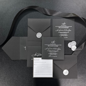 Zwarte en zilveren uitnodigingen RSVP-kaart RSVP-enveloppen Custom Wax Seals