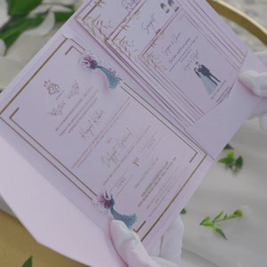 Invitaciones de boda Invitaciones de boda sikh indias hechas a medida con múltiples inserciones y sellos de cera en papel con acabado metálico rosa
