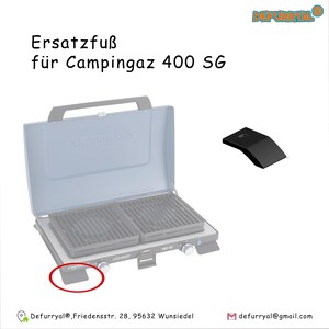 May include: A blue and silver gas grill with a black replacement foot. The grill has a black grate and a blue lid with the text "Campingaz 400 SG" on it.