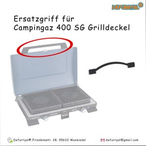 May include: Replacement handle for a Campingaz 400 SG grill lid. The handle is black and has a curved shape. The grill is blue and has a black grill grate.