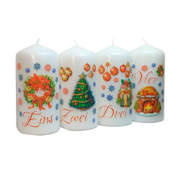 Adventskerzen | Weihnachtskerzen - Advent Weihnachtsmotive | Hochwertiger Druck auf der Kerze – KEINE FOLIE, 3D-Effekt – 120 x 58 mm