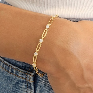 Link chain bracelet, tennis bracelet, minimalist bracelet, paperclip chain bracelet, dainty bracelet, gift for her, diamond station bracelet