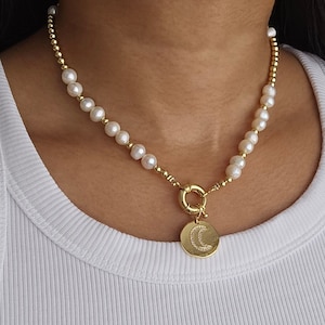Süßwasserperle Mond Halskette, Sommer Schmuck, Schmuck für die Feiertage, Layering Halskette, Geschenke für Sie, Brautjungfer Geschenk, Boho Strand Halskette