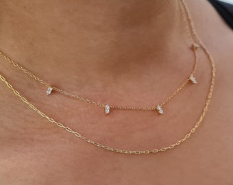 Diamant Station Halskette, minimalistische Halskette, zierliche Goldkette, Diamant Tropfen Halskette, Geschenke für sie, Brautjungfer Geschenk