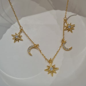 Dainty star necklace, moon necklace, tiny charm necklace, gold minimalist necklace, gifts for her