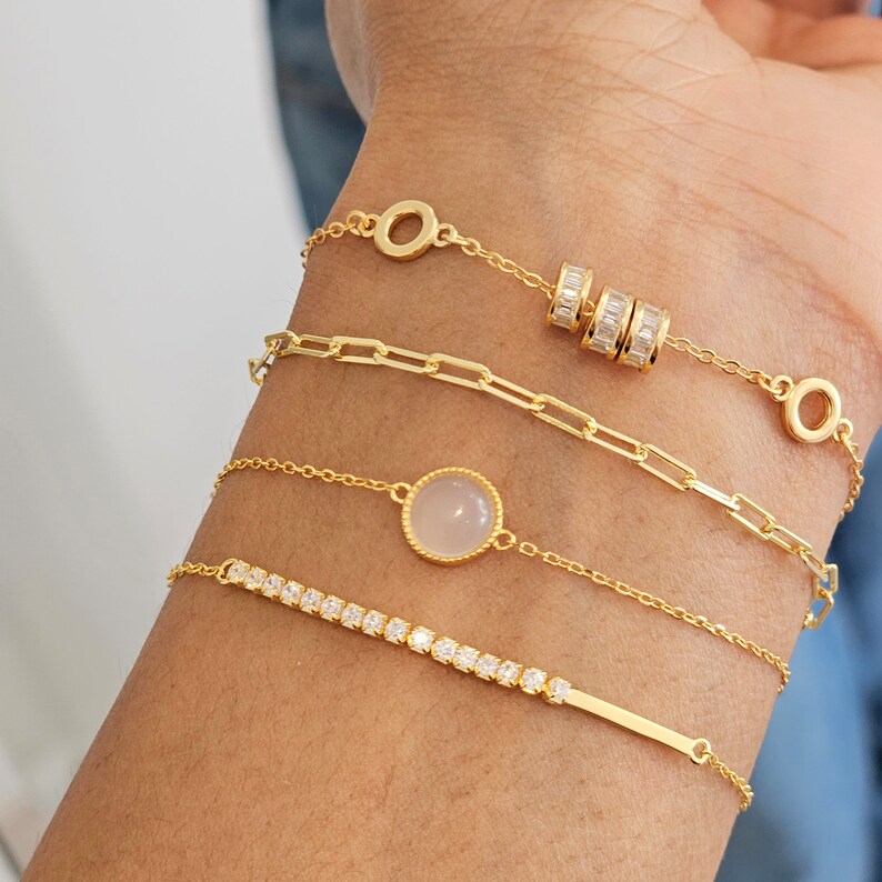 dainty gold baguette charm bracelet