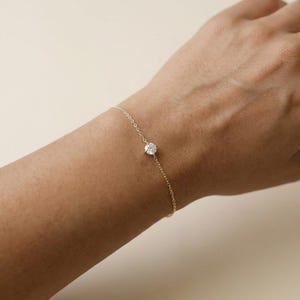 Dainty Solitaire Diamond Bracelet | 14k Gold-Plated Minimalist Bezel Bracelet | Elegant 4mm Cubic Zirconia Gift for Her | Bridesmaid Gift