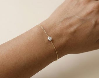 Dainty Solitaire Diamond Bracelet | 14k Gold-Plated Minimalist Bezel Bracelet | Elegant 4mm Cubic Zirconia Gift for Her | Bridesmaid Gift