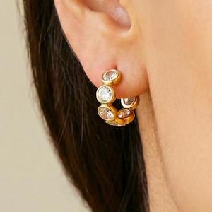 Diamond bezel hoops, gold huggie earrings, waterproof jewellery, stacking earrings, gifts for her, layering jewellery
