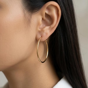 Medium gold hoops, minimalist gold hoop earrings, non tarnish hoops, stacking hoops, thin hoops, waterproof hoops, gifts for her, Jewelry
