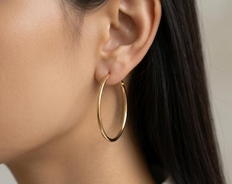 Medium gold hoops, minimalist gold hoop earrings, non tarnish hoops, stacking hoops, thin hoops, waterproof hoops, gifts for her, Jewelry