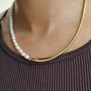 Pearl necklace, tarnish free necklace, snake chain, pearl chain, gifts for her, herringbone necklace, waterproof jewelry, layering jewellery
