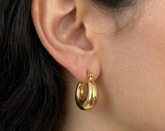 Chunky thick gold hoops, tarnish free hoops, waterproof jewellery, layering jewellery, medium hoops, small hoops, gifts for her