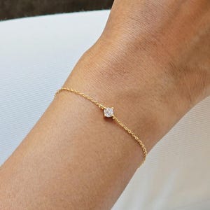 Dainty Solitaire Diamond Bracelet | 14k Gold-Plated Minimalist Bezel Bracelet | Elegant 4mm Cubic Zirconia Gift for Her | Bridesmaid Gift