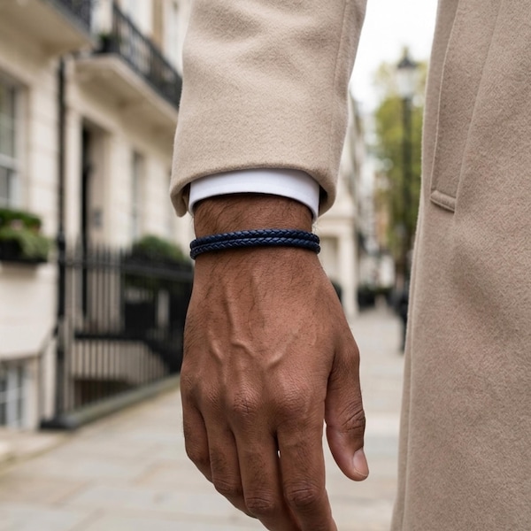 Mens leather woven bracelet, navy blue leather bracelet men, gifts for him, mens jewellery, gym friendly gift, fathers day gift