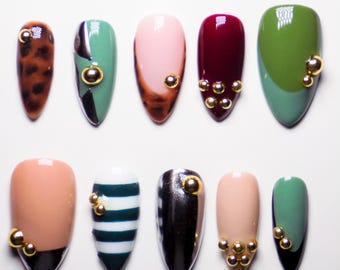 Earth Tones Nail Set| Stripes| French Tip| Press On Nails | Size Medium| Medium Almond