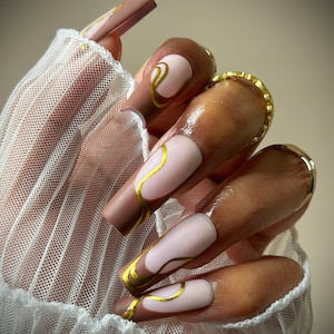 French Tip Swirl Nails|Nude Nails|Brown Nails|Press On Nails|Fall Nails