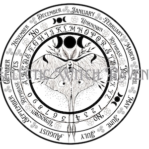 May include: Black and white circular design featuring a moth with intricate details, surrounded by months of the year, letters, numbers, and symbols. The design includes the text "Yes", "No", and "Rephrase".