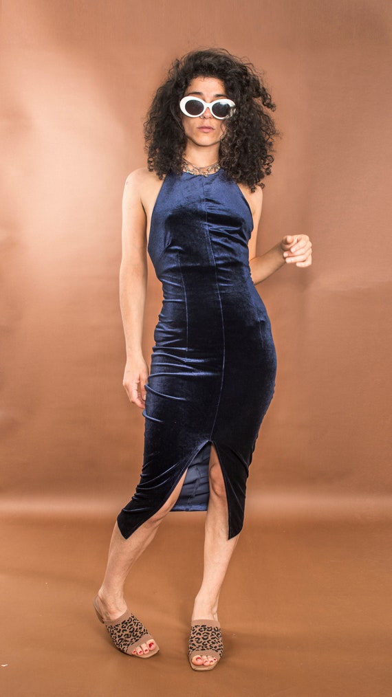 blue velvet halter dress Blue velvet halter neck dress CLAIRE  MYAN ATELIER