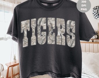 Tigers Washed Camo PNG, Varsity Mascot Shirt Design, Distressed School Team PNG