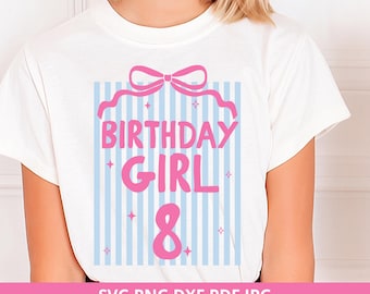 8th Birthday Girl Shirt SVG, Preppy Stripes Coquette Bow, Digital Download