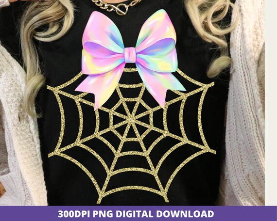 Gold Glitter Spider Web Png, Neon Coquette Halloween Clipart, Iridescent Bow Spiderweb Png, Girly Halloween Design, Pastel Spooky Cute Png