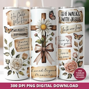 Boho Christian Tumbler Wrap, Floral Cross Design, Sublimation
