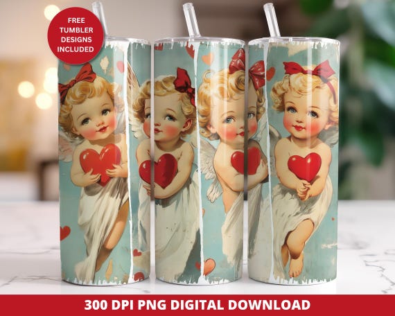 Cupid Valentine Skinny Tumbler Wrap, Brush Stroke Tumbler Wrap Design, Valentine Seamless Sublimation Tumbler Png, Hearts 20 oz Tumbler Wrap