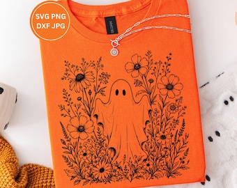 Spooky Ghost Wildflower Halloween Design, Distressed Floral SVG PNG (Digital Download)