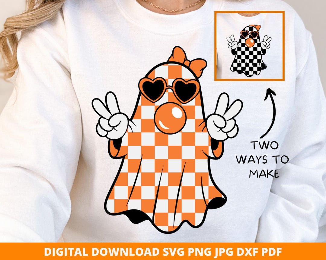 Retro Checkered Halloween Ghost Blowing Bubble SVG, PNG (digital ...