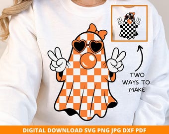 Retro Checkered Halloween Ghost Blowing Bubble SVG, PNG (Digital Download)