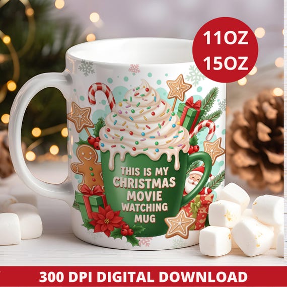 Christmas Movie Mug Wrap, 11oz & 15oz Coffee Mug Sublimation, Holiday Cup PNG, Digital Download