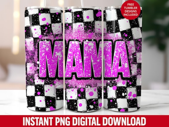 Mama 20oz Tumbler Wrap: Neon Pink Checkerboard Design (Digital Download)