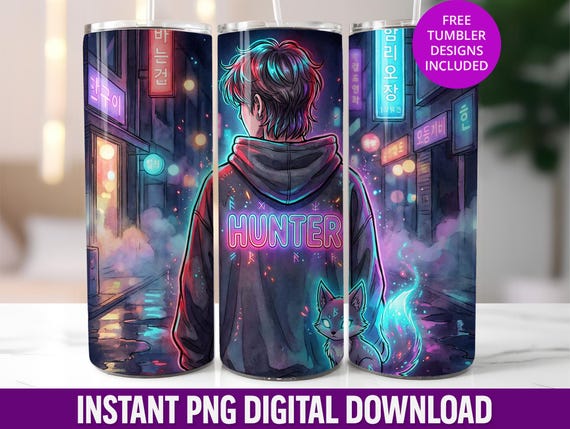 Neon K-Pop Hunter Tumbler Wrap, Anime Boy, 20oz Skinny Sublimation (Digital Download)