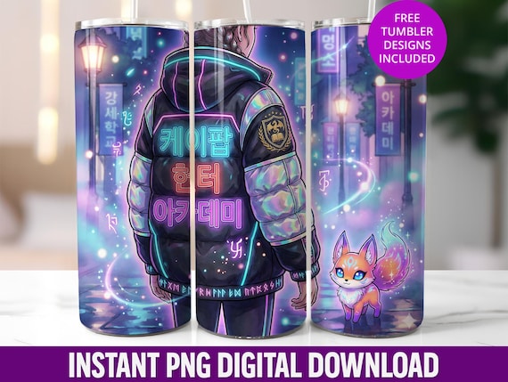 K-Pop Hunter Academy Tumbler Wrap, Neon Anime Girl Fox Design (Digital Download)