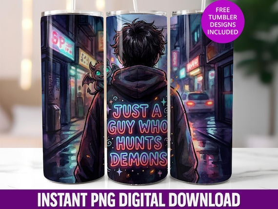 Anime Neon Hunter 20oz Seamless Wrap, Just a Guy Who Hunts Demons Tumbler PNG, K-Pop Street Sublimation Design, Digital Download