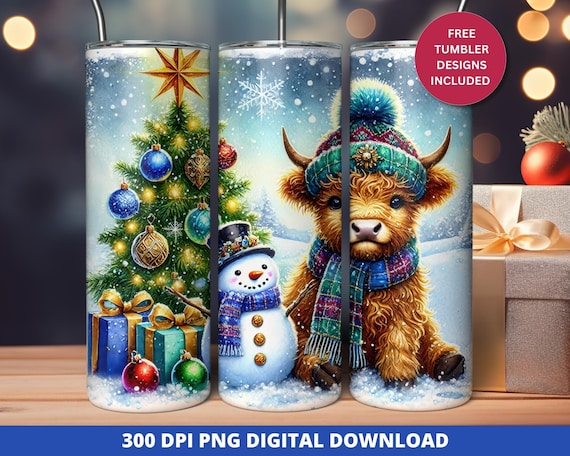 Christmas Highland Cow Tumbler Wrap,  20oz Skinny Tumbler Wrap, Cute Highland Cow Tumbler Wrap Png, Seamless Sublimation Tumbler Design