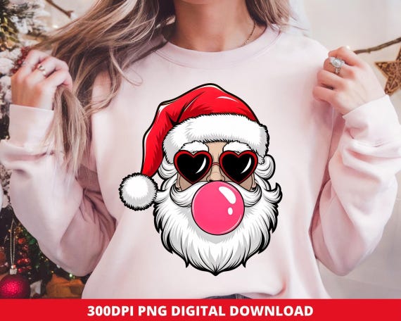 Retro Santa Clipart PNG, Blowing Bubble Gum, Sunglasses (Digital Download)