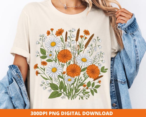 Floral Cottagecore PNG Design, Boho Fall Wildflowers Sublimation, Botanical Nature Clipart, Spring Floral PNG, Waterslide Design for Mug