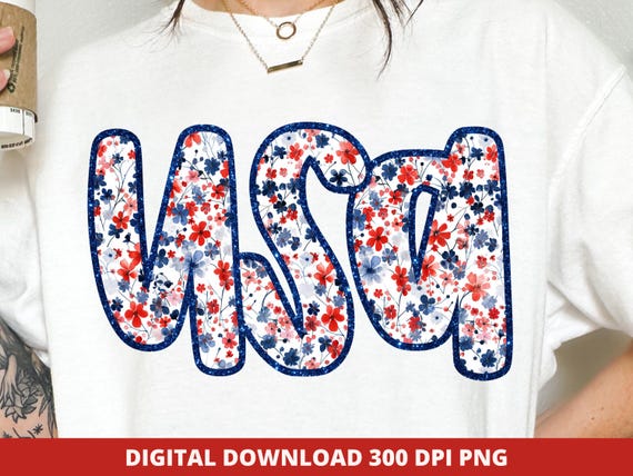 Floral Coquette USA Png, Floral Patriotic 4th of July Sublimation Design, Retro Girly Floral USA Png File for T-Shirts, America USA Png File