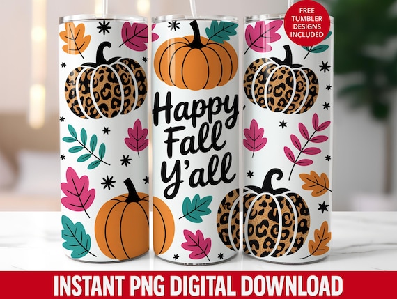 Fall Tumbler Wrap: Pumpkin Leopard Print, Happy Fall Y'all (Digital Download)
