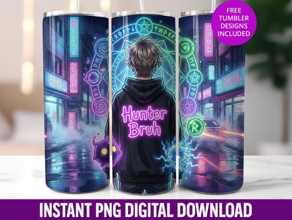 Neon K-Pop Hunter Tumbler Wrap, Anime Skin (Digital Download)