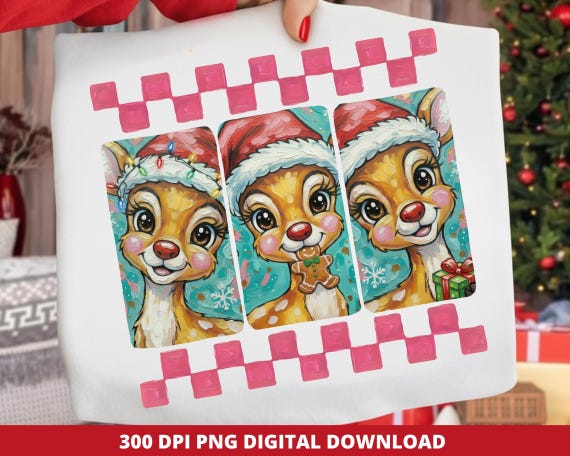 Preppy Pink Reindeer Christmas Clipart PNG, Trendy Checkerboard Brushstroke Deer (Digital Download)