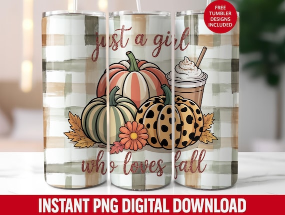 Fall Pumpkin Plaid Tumbler Wrap: Autumn Girl Design (20oz Skinny PNG Digital Download)