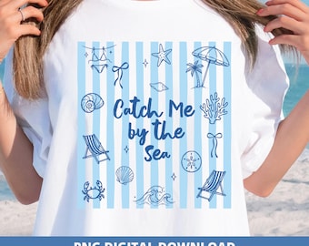 Coastal Summer Sublimation Design Blue Stripe Beach Shirt Graphic Preppy Ocean PNG, Sublimation DTF Design